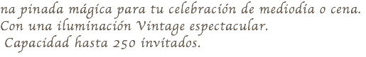 na pinada mágica para tu celebración de mediodia o cena. Con una iluminación Vintage espectacular. Capacidad hasta 250 invitados.